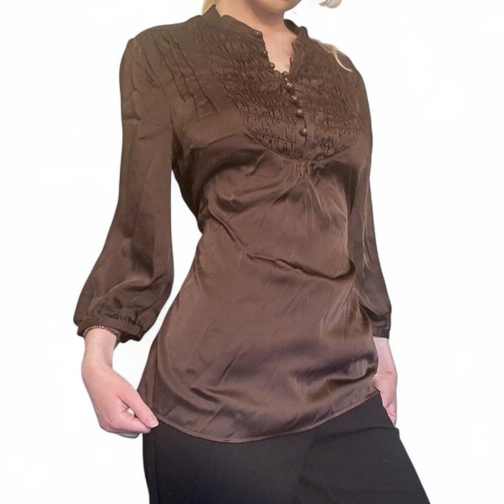 Brown satin blouse with ruched detailing and button-up front. Size: M